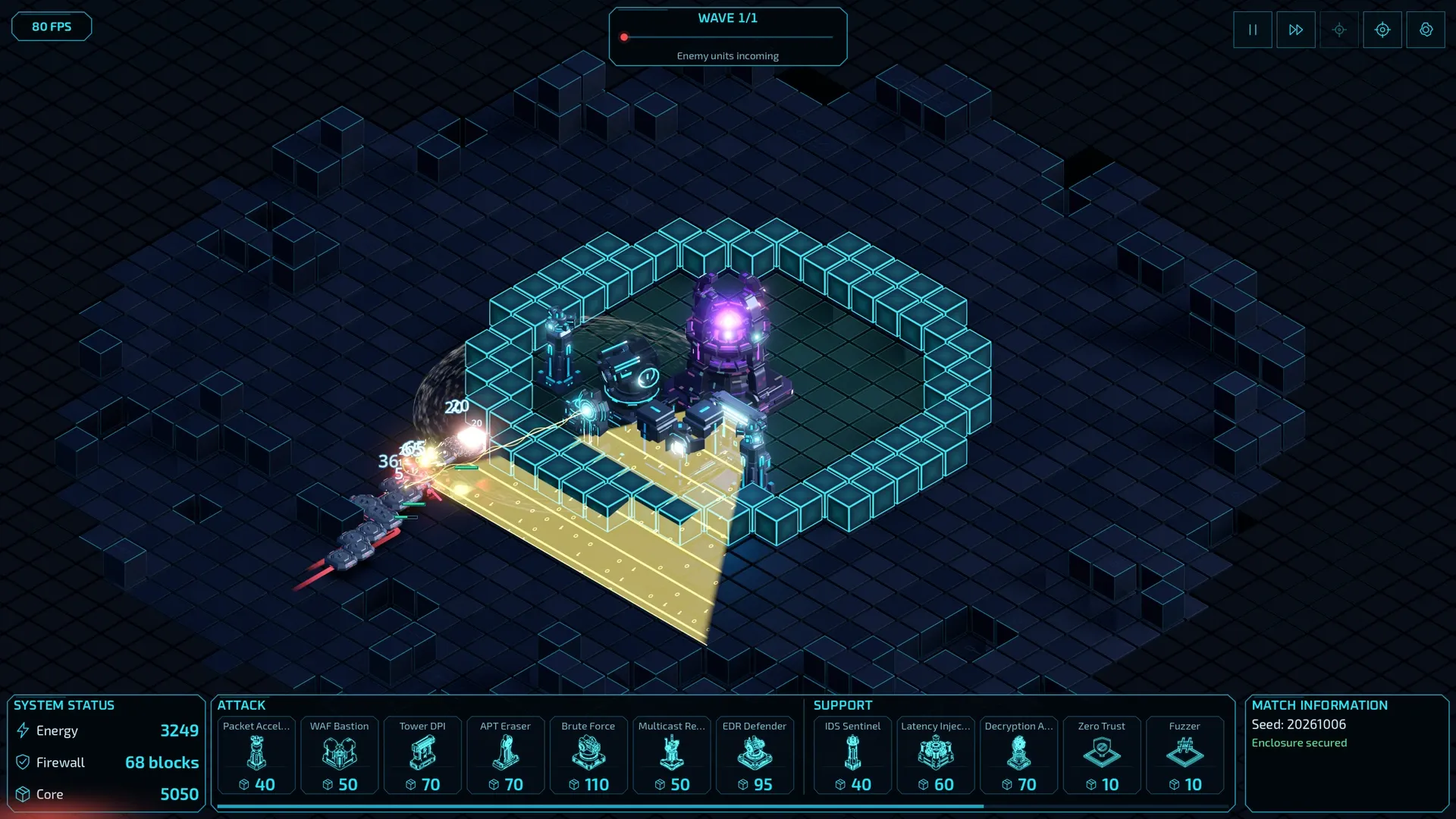 Defensive towers fire at enemies approaching the violet core on an isometric grid.