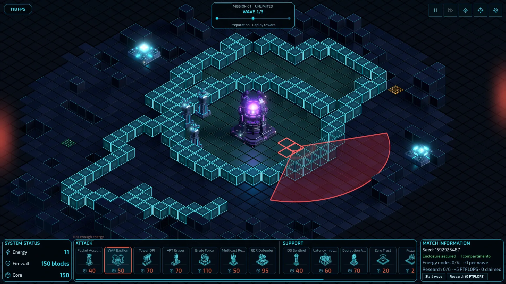 Build mode showing cyan walls, towers and the range of a selected defense.