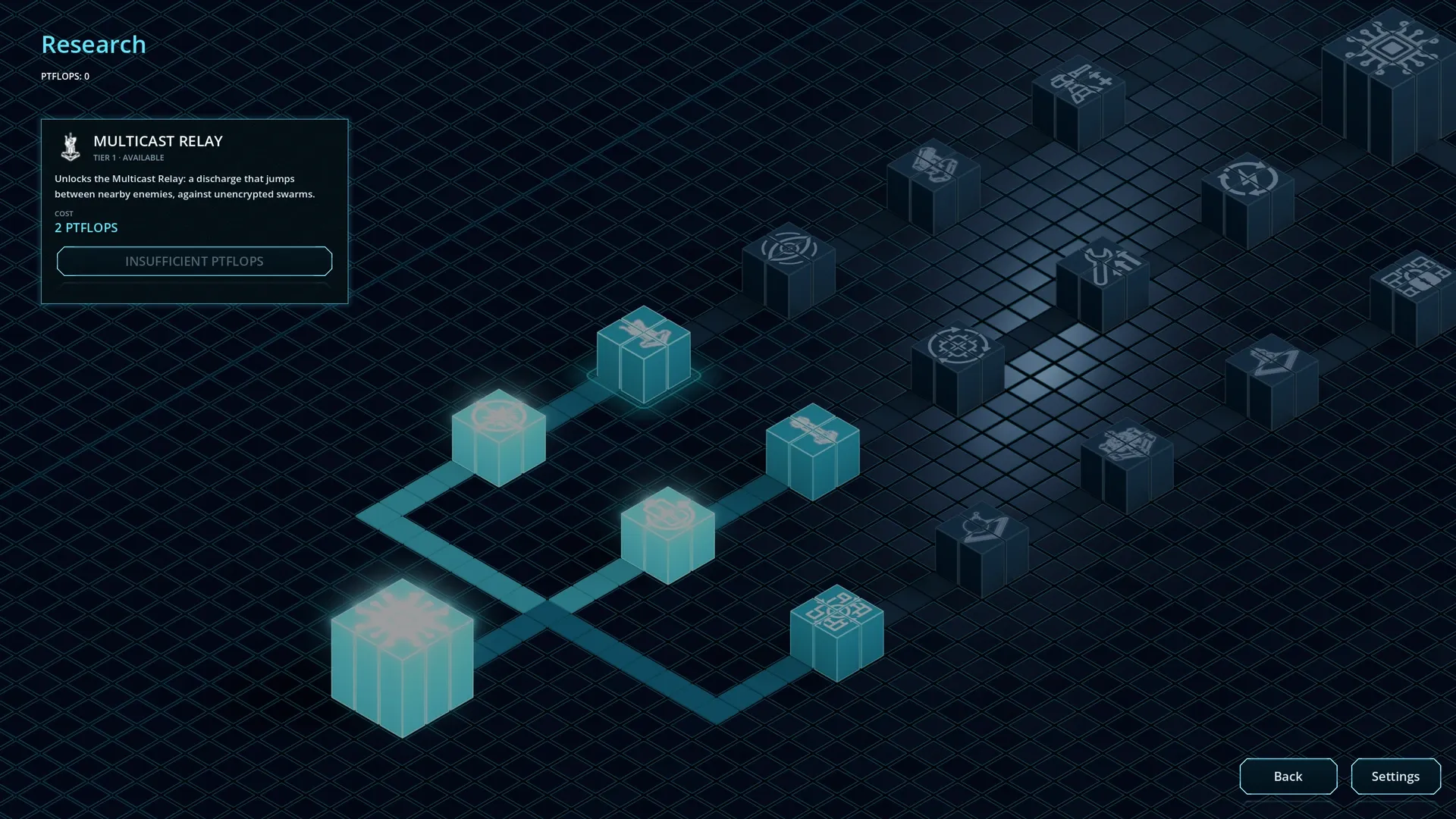 An isometric research tree with connected upgrade nodes.
