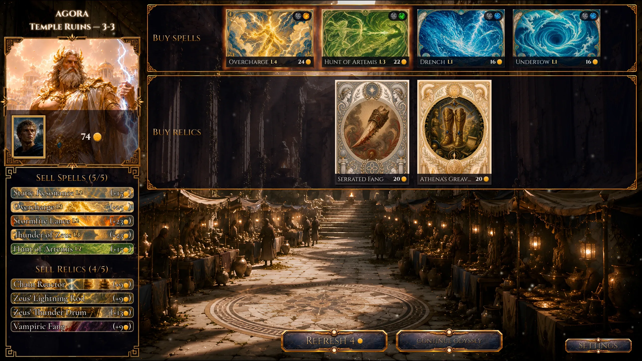 The Agora, where spells and relics are bought and sold between battles.