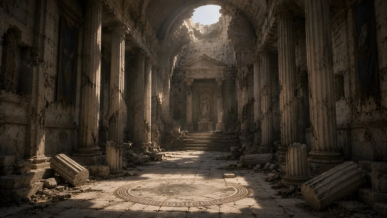 Sunlight falls through the collapsed dome of an ancient Greek temple.