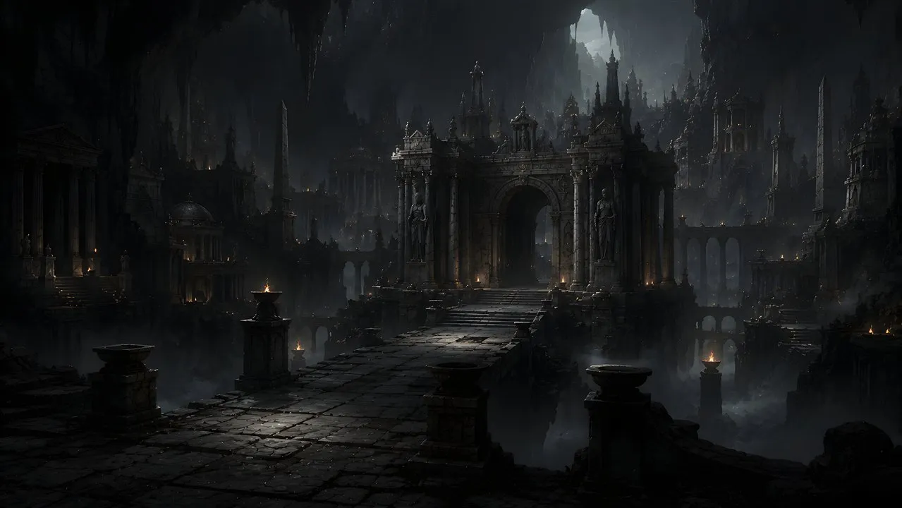Torch-lit temples and gates of the Underworld beneath a vast dark cavern.